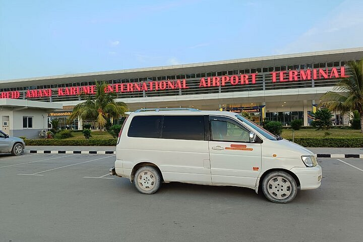 Professional driver assisting tourists with luggage for Zanzibar airport private transfer to hotel, Stone Town skyline in distance