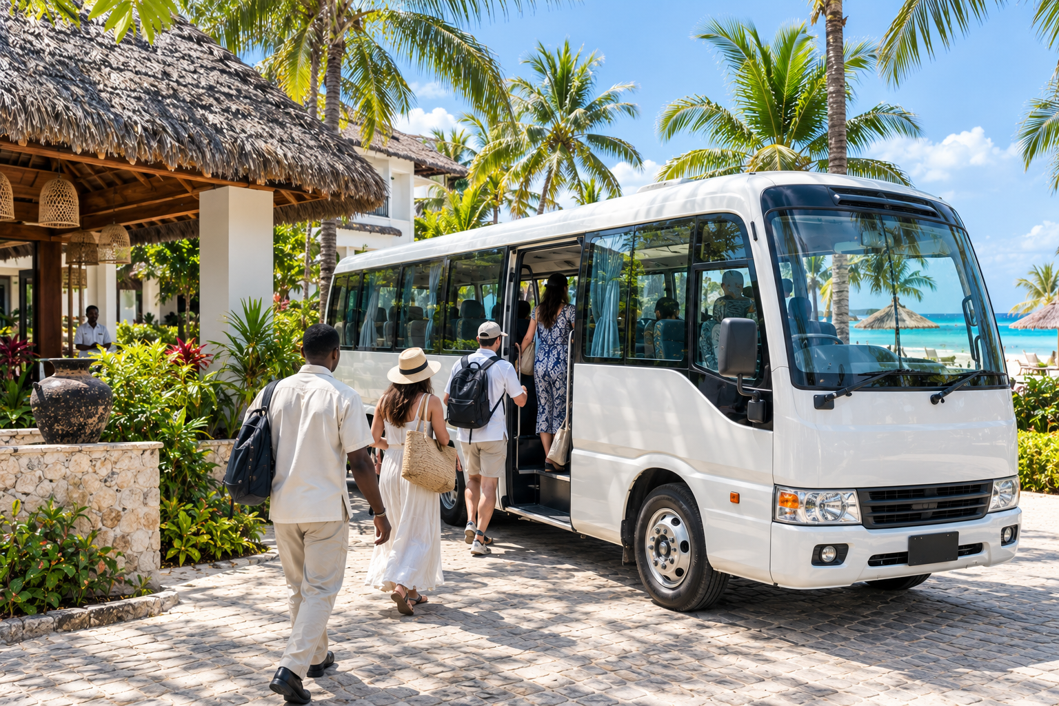 Charter coach parked outside a beach resort in Zanzibar for staff shuttle service